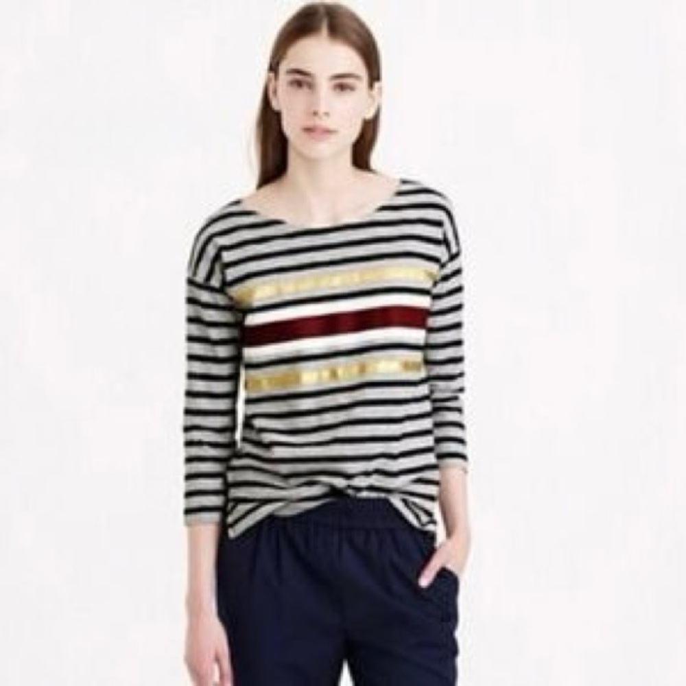 J. CREW Women’s 3/4 Sleeve Striped Shirt Heather Gray Navy Gold Metallic Size L